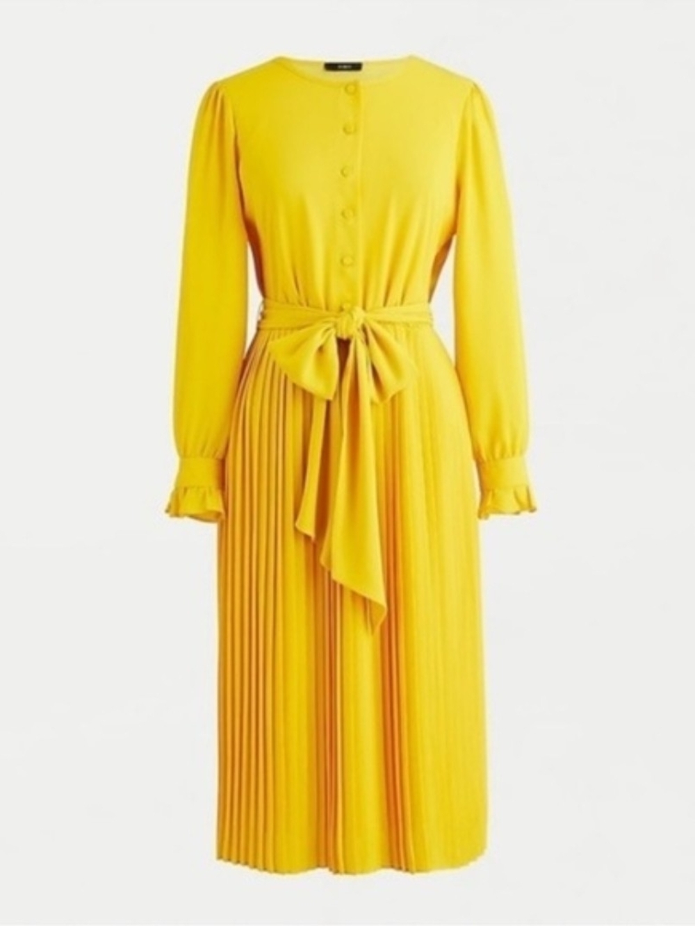 J. Crew Sunny Yellow Long-Sleeve Pleated Midi Dress with Tie Waist